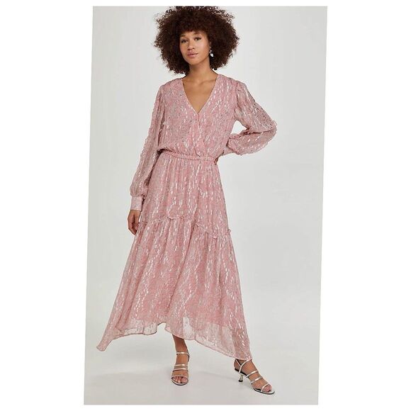 Ramy Brook Ora Metallic Print Maxi Dress Sz SP Pink Long Sleeve Crossover V-Neck - Picture 3 of 16